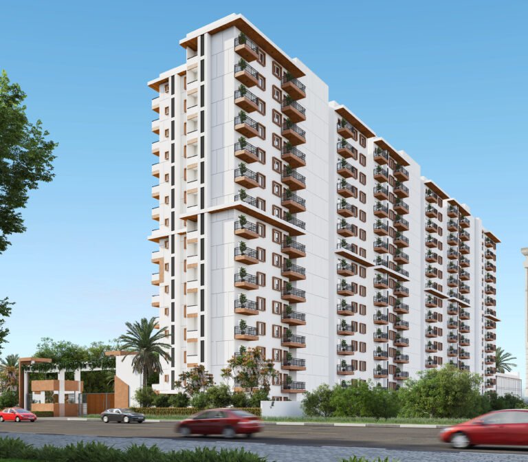 A contemporary view of Vrushabadri Winter Park showcasing its thoughtfully planned architecture and distinctive exterior design.