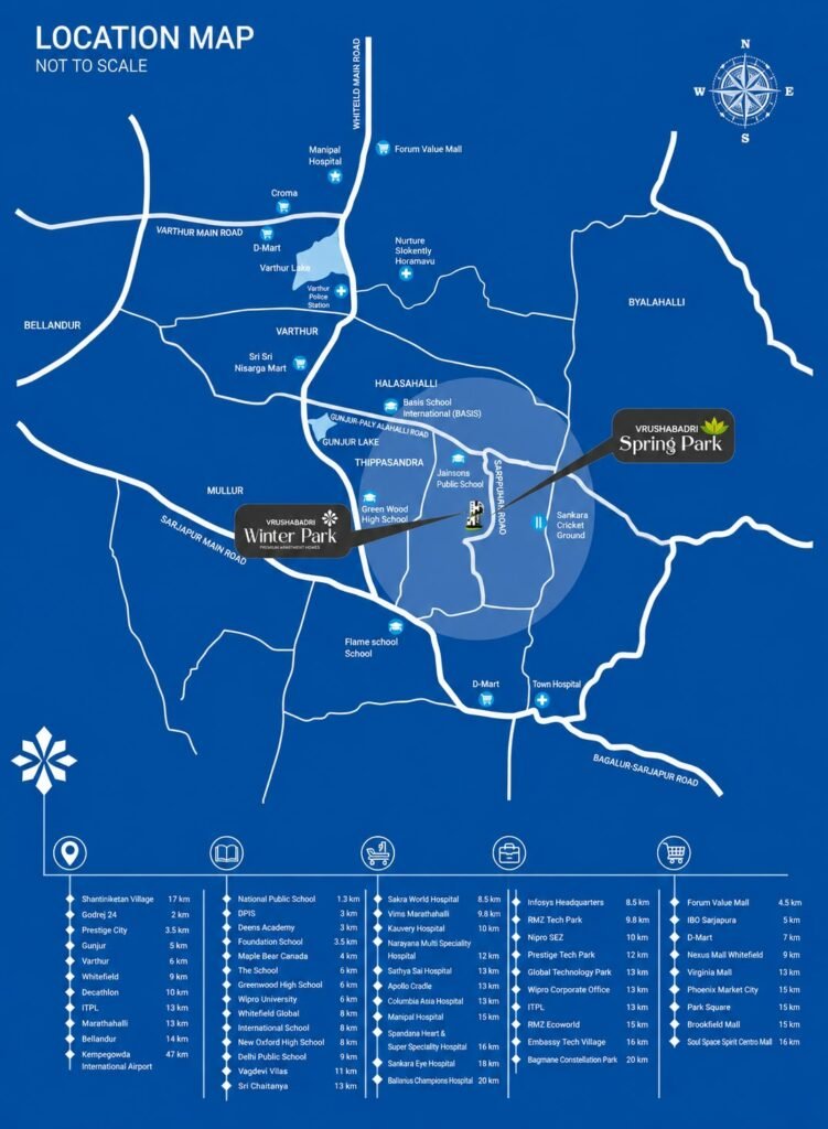 Alt Text: Vrushabadri Winter Park location map showing nearby landmarks, schools, hospitals and connectivity